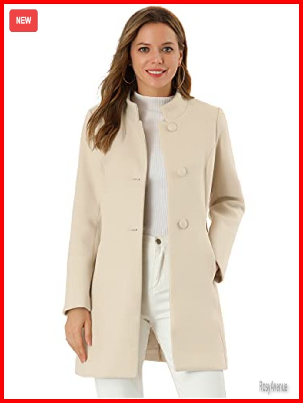 Winter Mid-Long Pea Coat Stand Collar Single Breasted Polyester